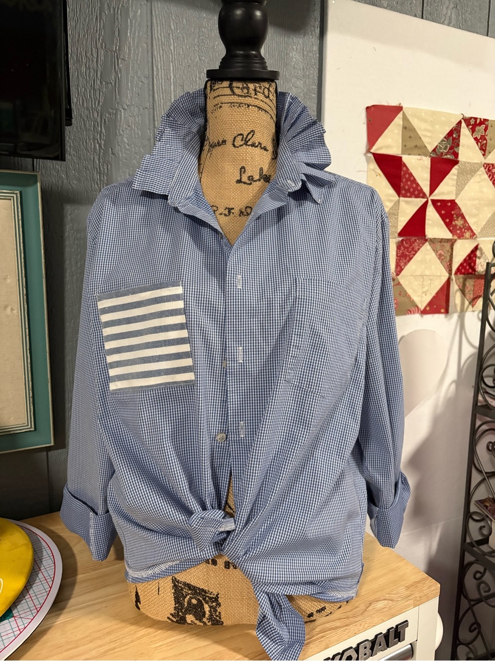 Women's Blue Gingham Button-Down Shirt with Striped Patch Pocket